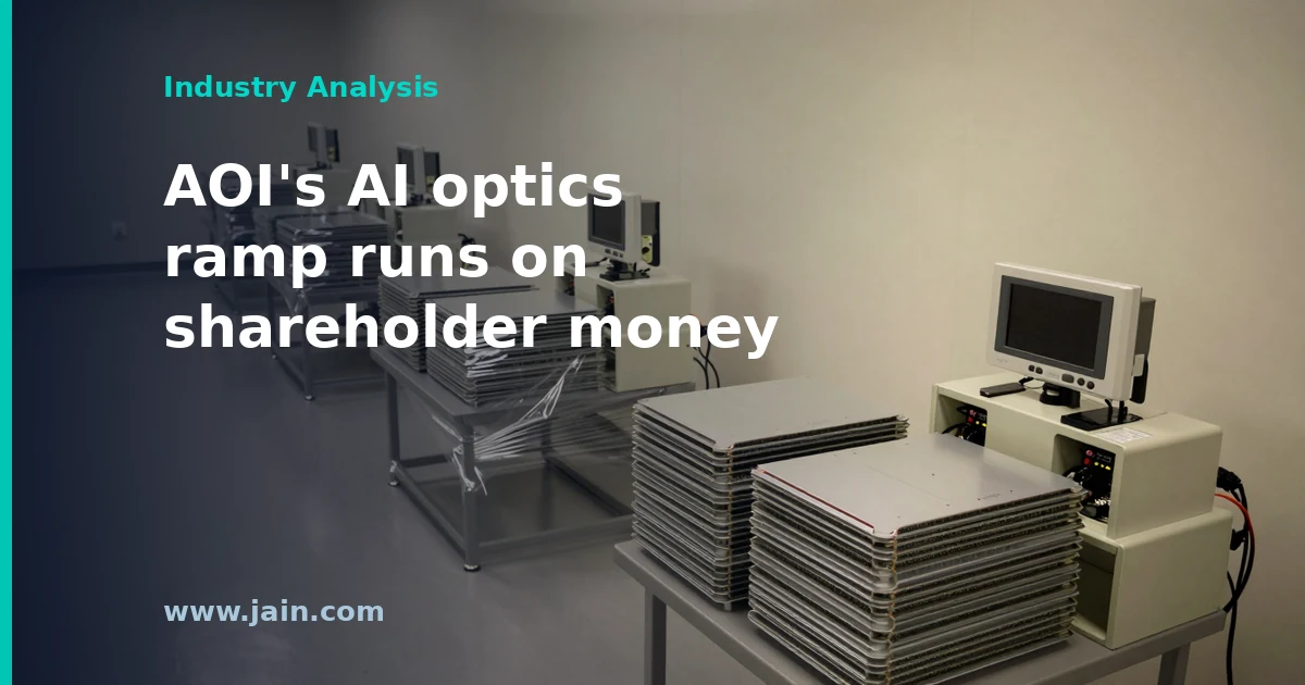 Optical fiber modules on a data center production line, illustrating Applied Optoelectronics' $600 million at-the-market offering