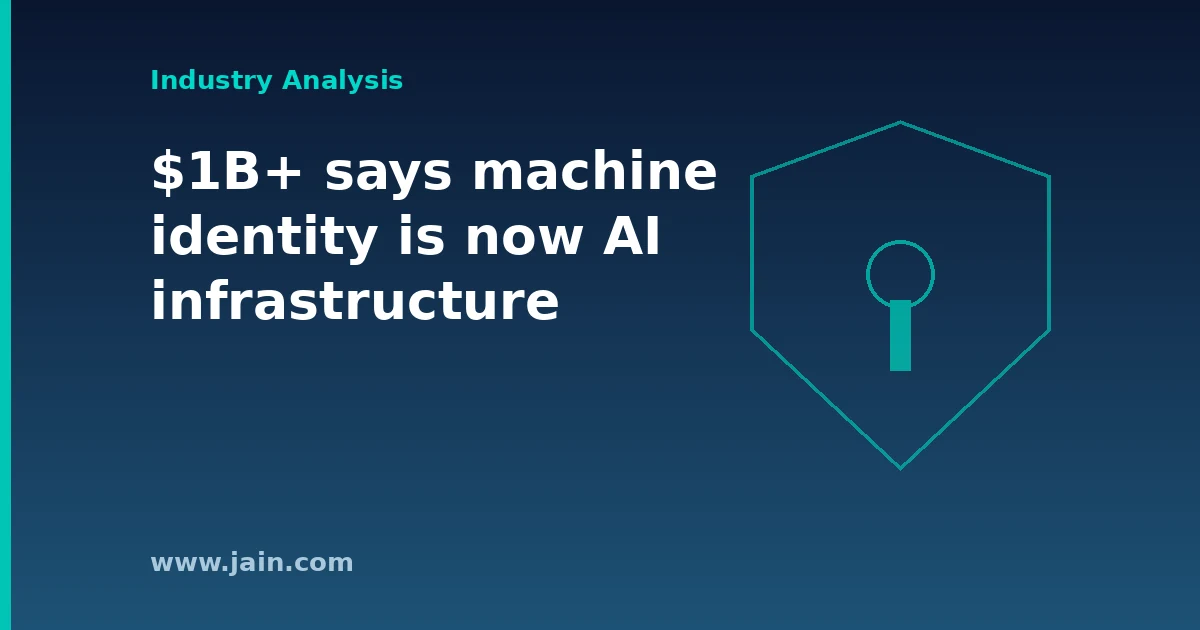 Network of servers and AI agents linked by digital certificates, illustrating Keyfactor's $1B+ machine identity investment