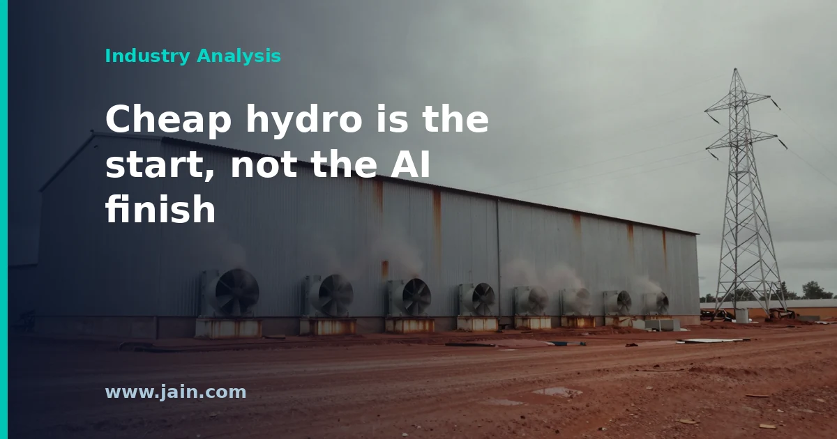 Hydroelectric dam spillway beside a data center campus, illustrating HIVE's Paraguay AI hub powered by Itaipú hydropower