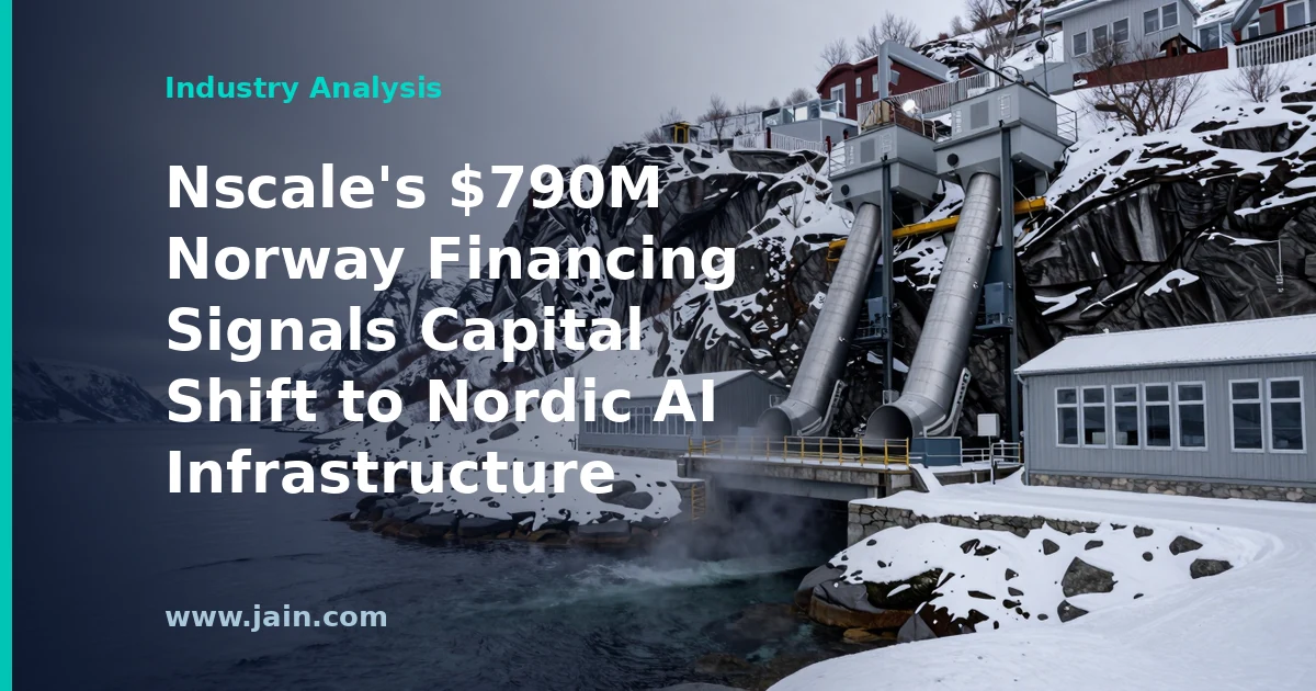 AI data center in snowy Norwegian fjord landscape symbolizing Nscale's $790M Norway financing
