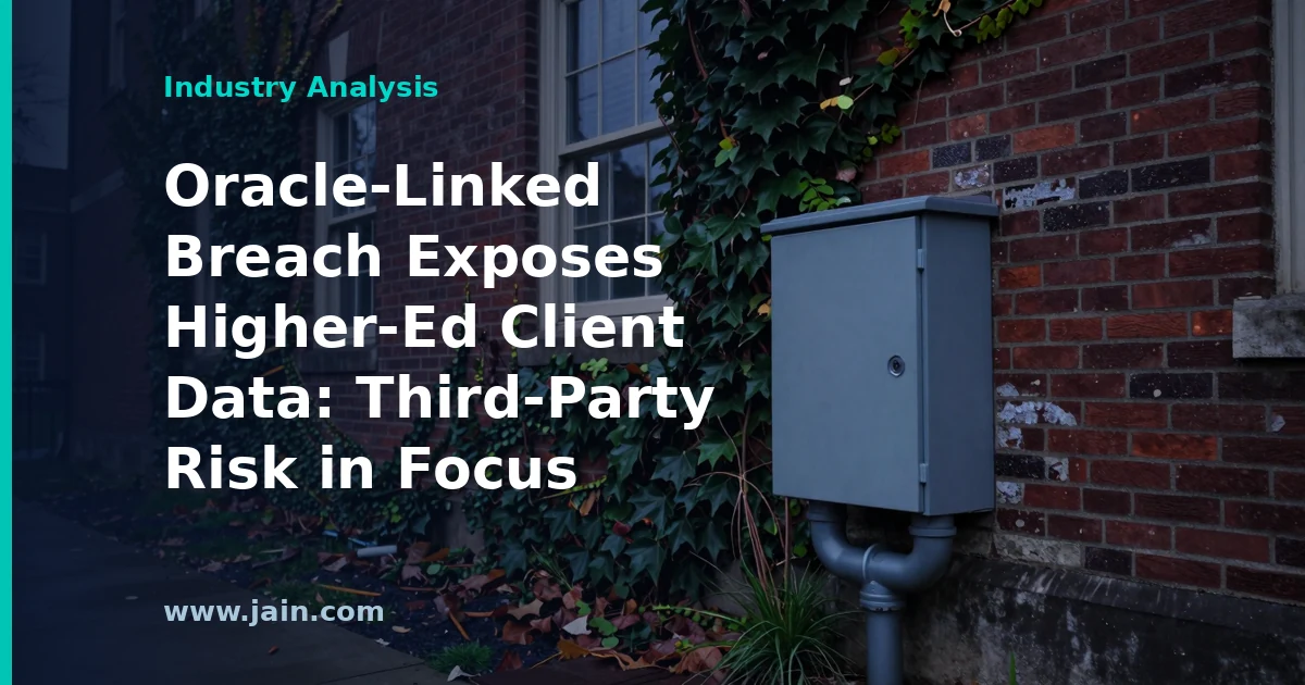Data breach alert over university campus symbolizing Oracle higher-ed client data exposure