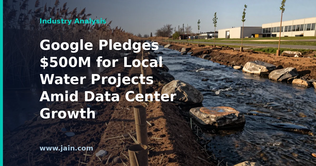 Google data center cooling towers beside a river, symbolizing the $500M local water projects pledge