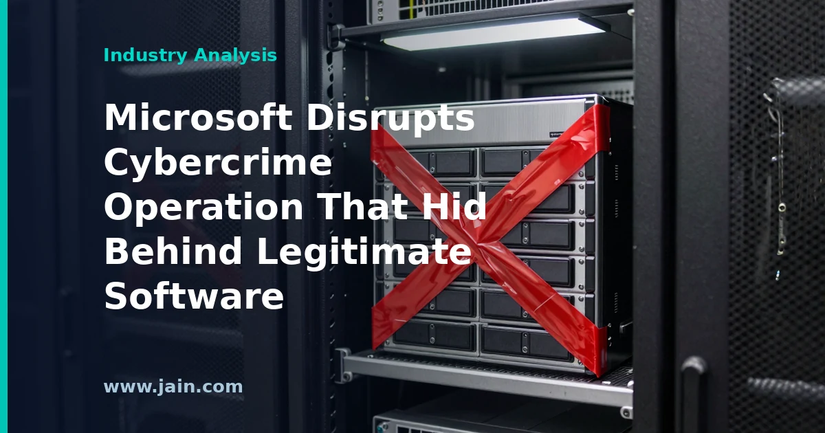 Microsoft cybercrime takedown concept: legal seizure of criminal infrastructure hidden behind legitimate software