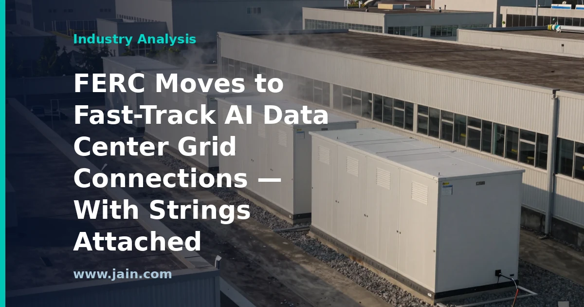 High-voltage transmission lines feeding an AI data center campus under FERC grid interconnection rules