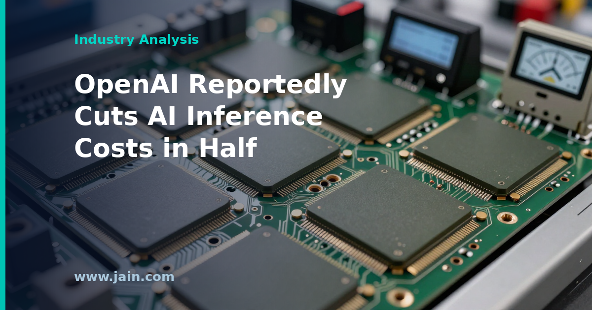 AI inference costs falling by half, symbolized by server racks and a downward cost curve