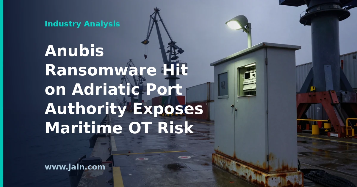 Container cranes at an Adriatic port at dusk, symbolizing maritime infrastructure under ransomware attack