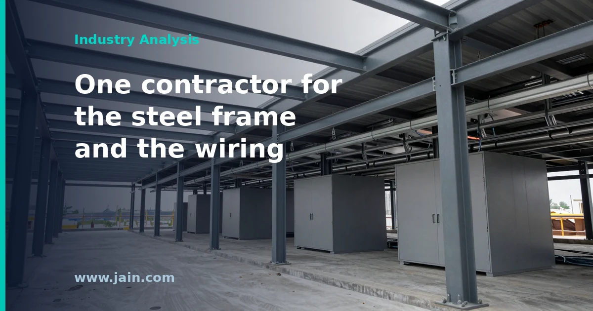 Structural steel frame of a data center under construction, illustrating IES Holdings' $691 million DBM Global acquisition