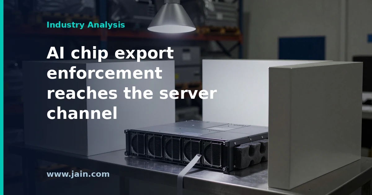 AI server racks with Nvidia GPUs in a data center, illustrating the Super Micro AI server diversion guilty plea
