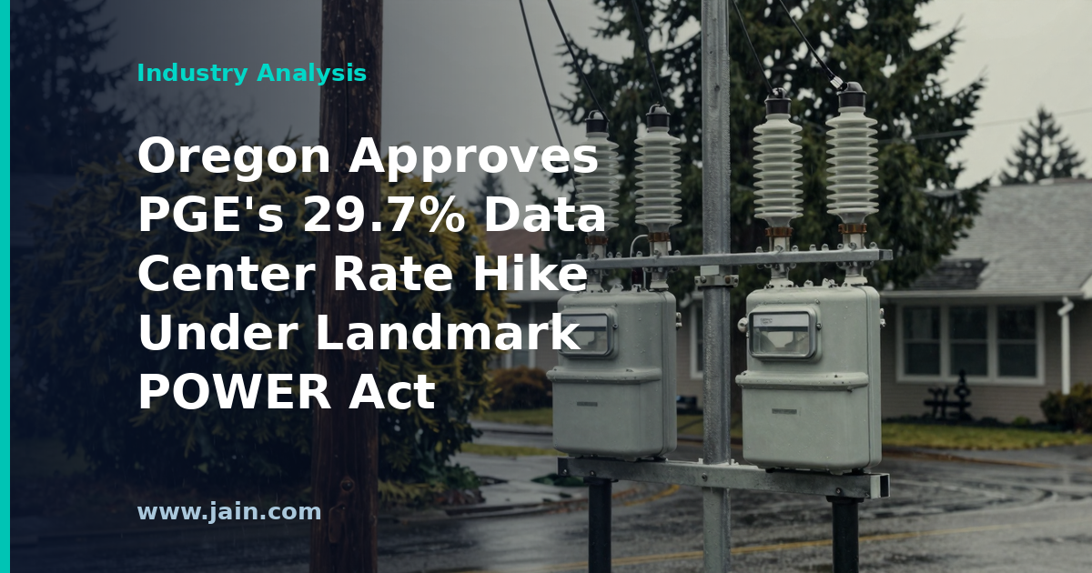 High-voltage transmission lines feeding an Oregon data center campus, illustrating the PGE data center rate hike