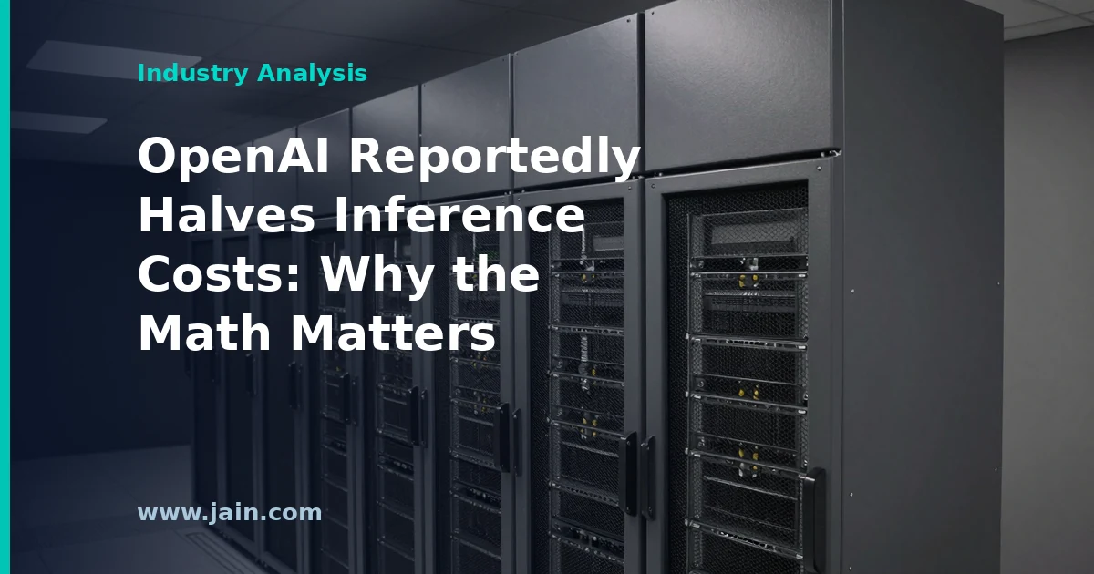 AI inference costs falling by half, symbolized by server racks and a downward cost curve
