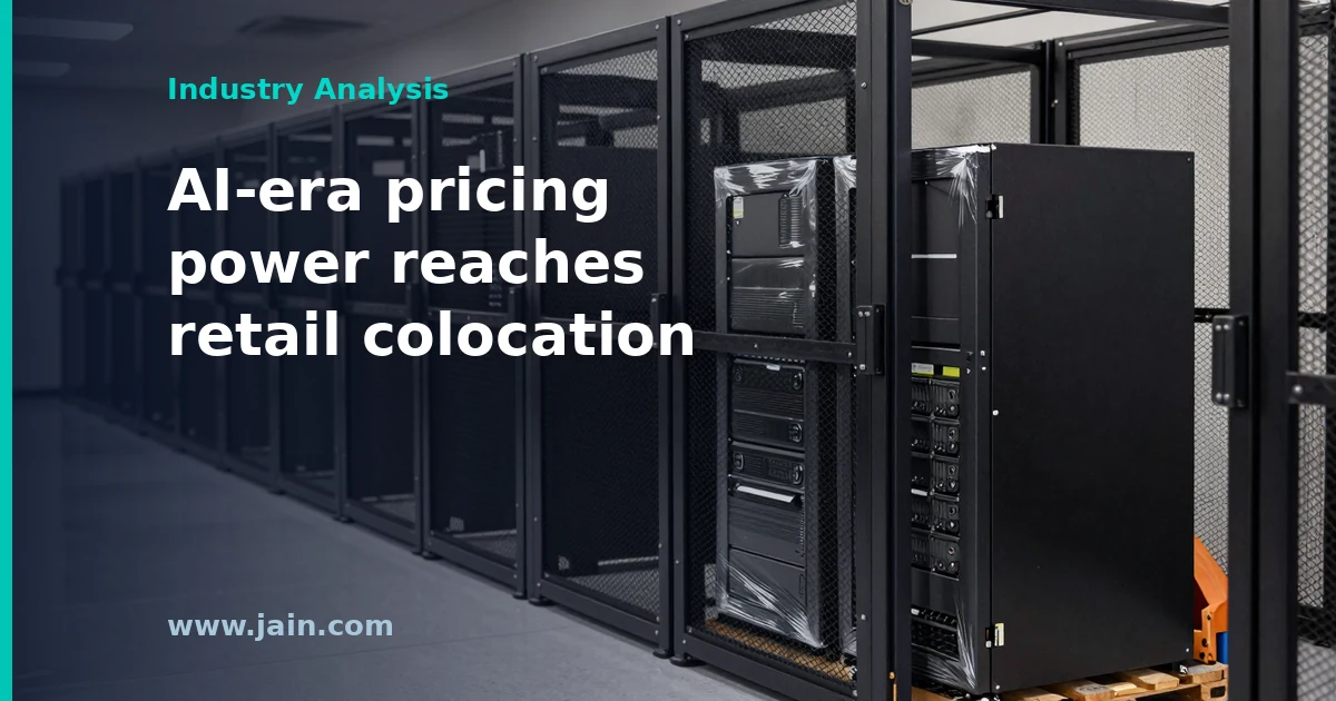 Rows of enterprise colocation cabinets in an Equinix data center illustrating record $533M Q3 2026 bookings and rising pricing