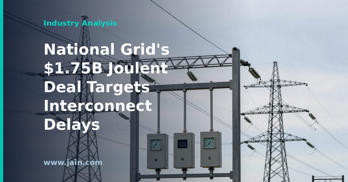 High-voltage transmission towers and substation symbolizing National Grid's $1.75B Joulent deal amid AI interconnect delays