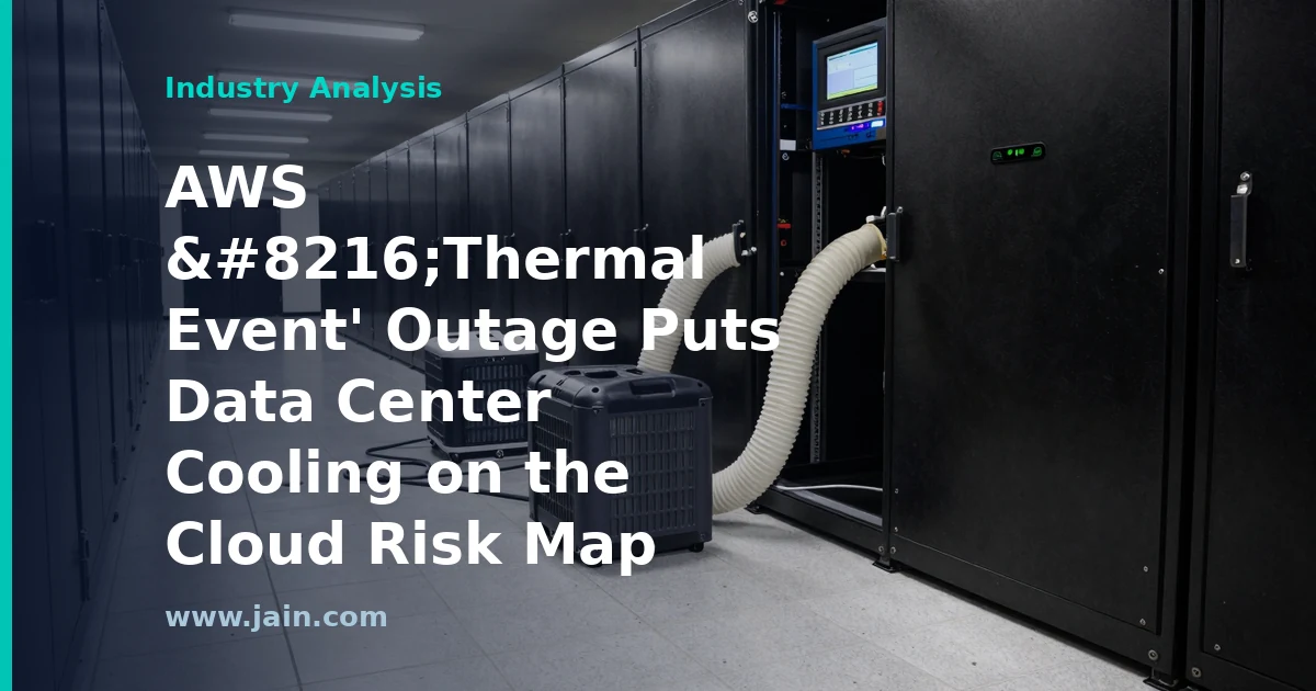 Data center cooling infrastructure with server racks under heat stress after AWS thermal event outage