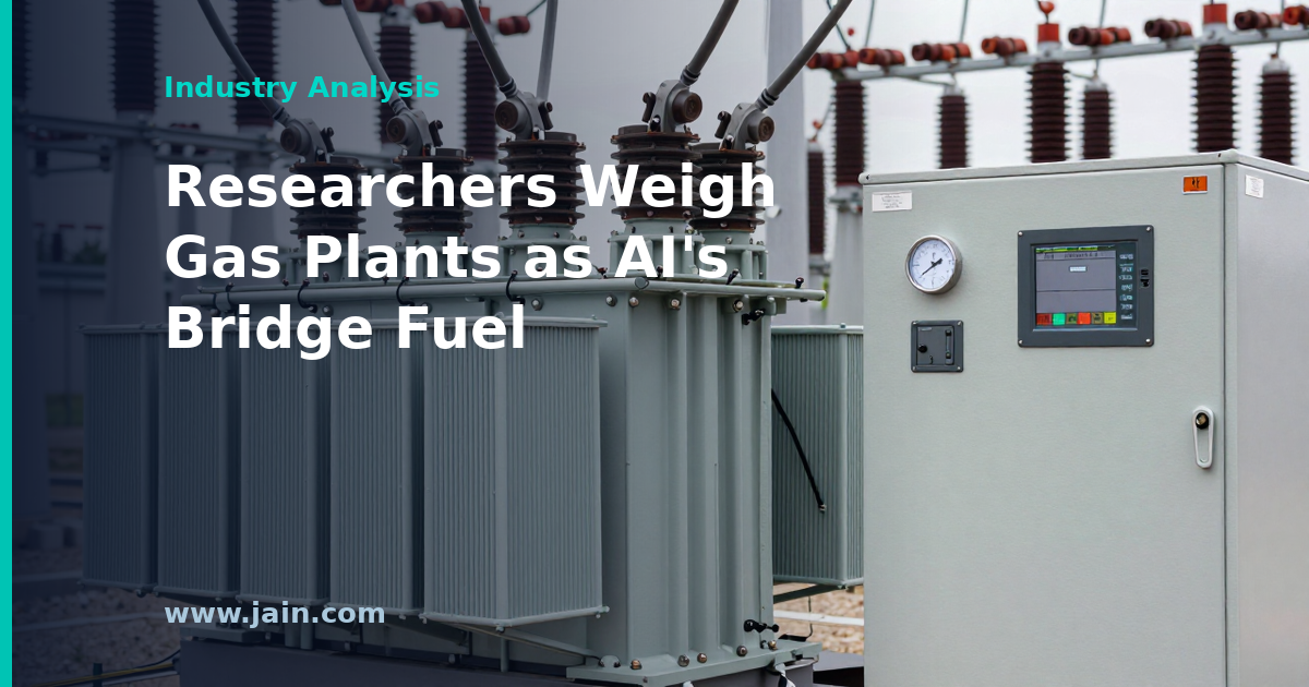 Natural gas power plant turbines beside a data center campus, symbolizing AI's bridge fuel debate