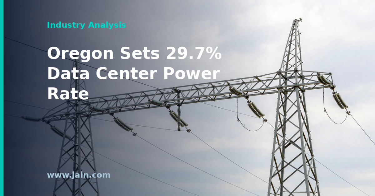 High-voltage transmission lines feeding an Oregon data center campus, illustrating the PGE data center rate hike