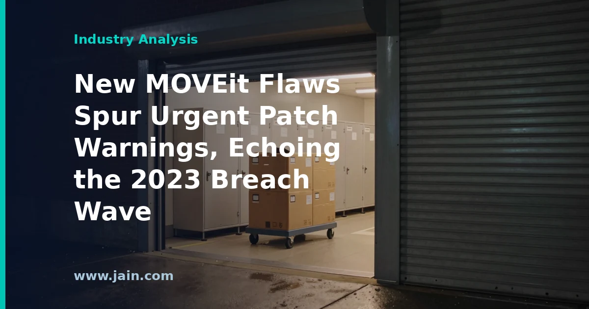 MOVEit file-transfer server with warning symbol illustrating urgent vulnerability patch alert