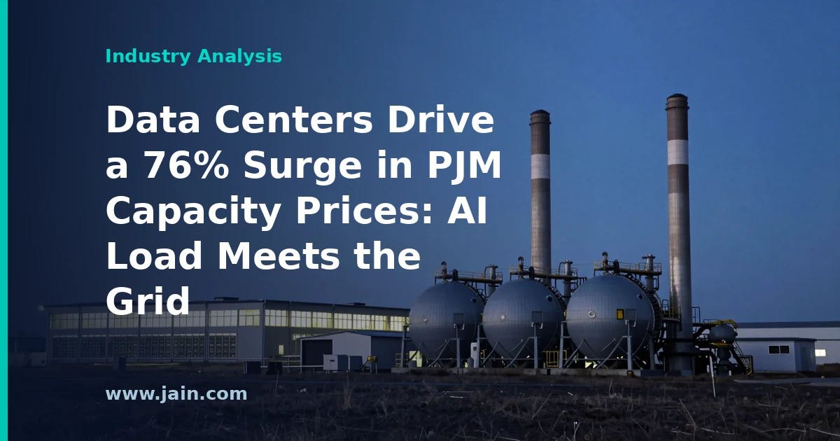 Data center racks in front of high-voltage transmission lines symbolizing surging PJM capacity prices