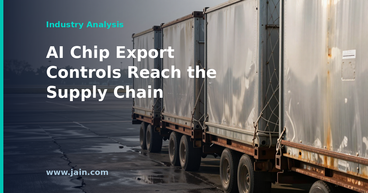 AI chip export controls: GPU server racks and shipping containers at a Taiwan port checkpoint