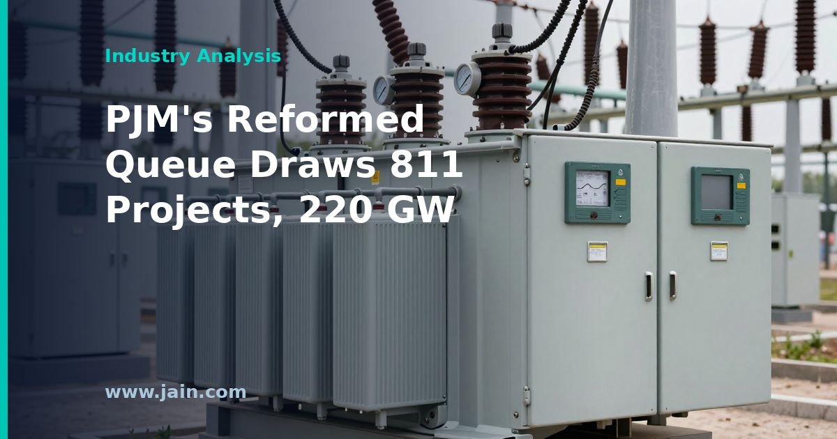 High-voltage transmission lines feeding data centers, illustrating PJM's 220 GW interconnection queue