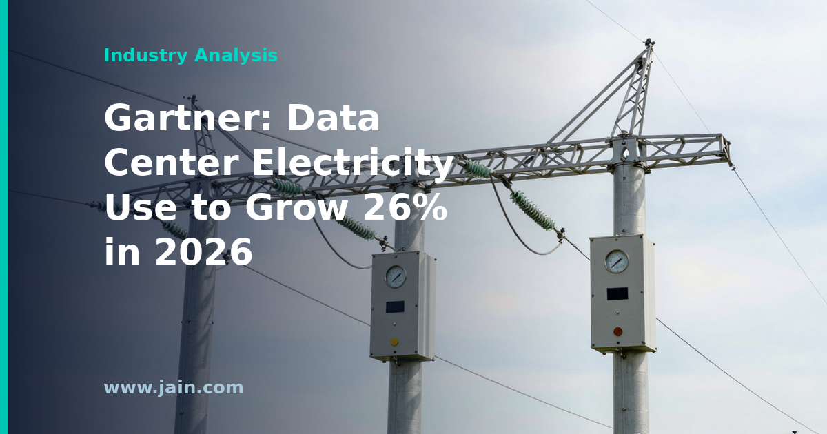 High-voltage transmission lines feeding a data center campus, illustrating 26% data-center electricity growth