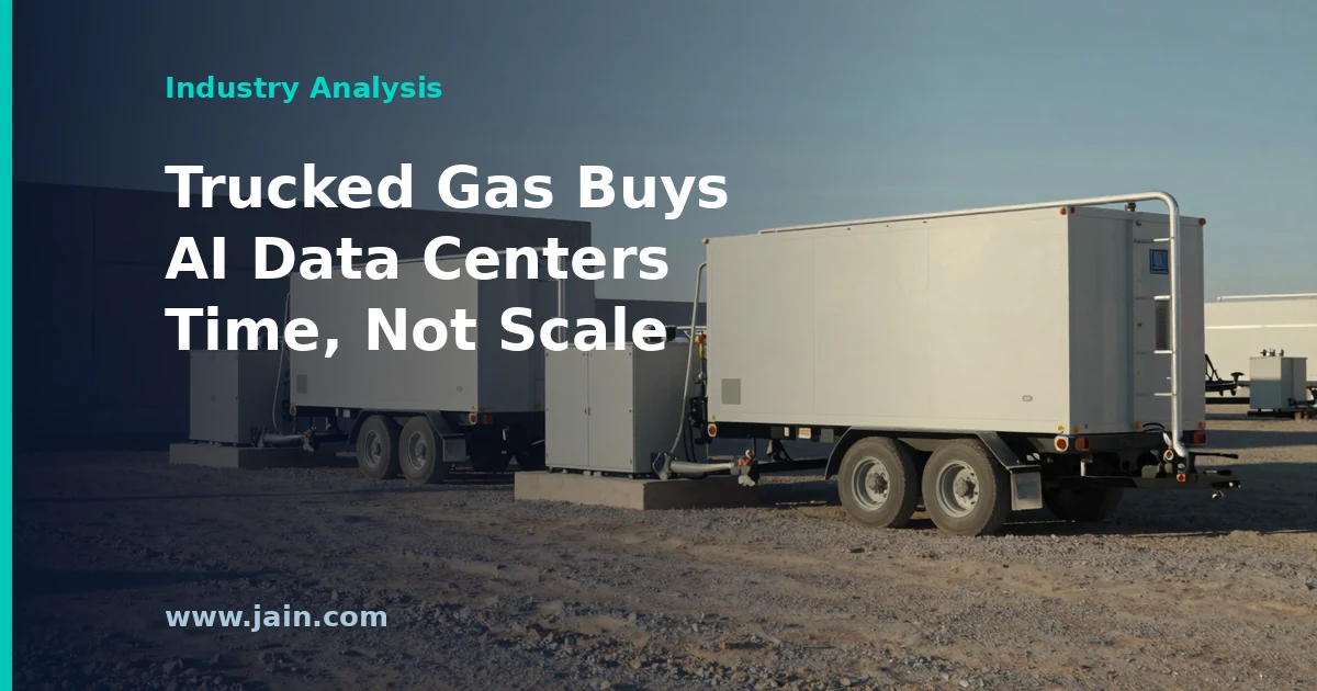 Compressed natural gas trailers lined up beside on-site generators at an Oracle AI data center awaiting a pipeline
