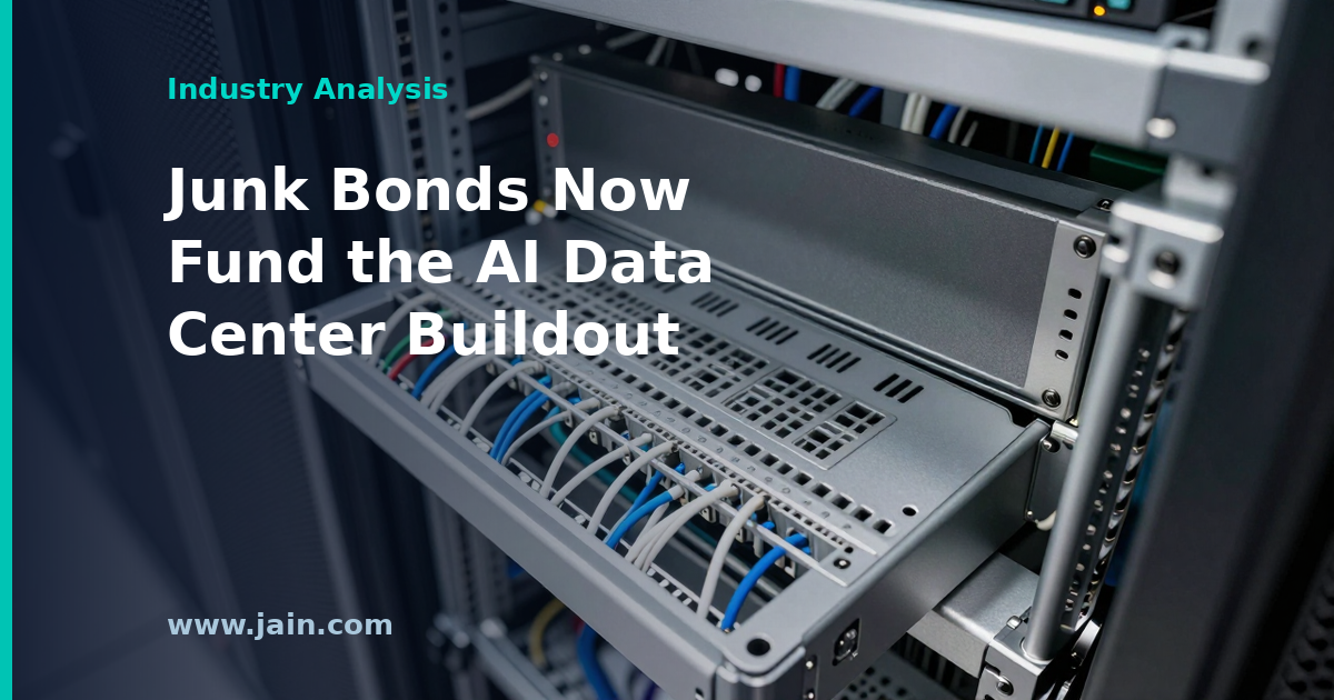 Data center corridor overlaid with bond market imagery, illustrating an $850M junk bond sale funding AI infrastructure