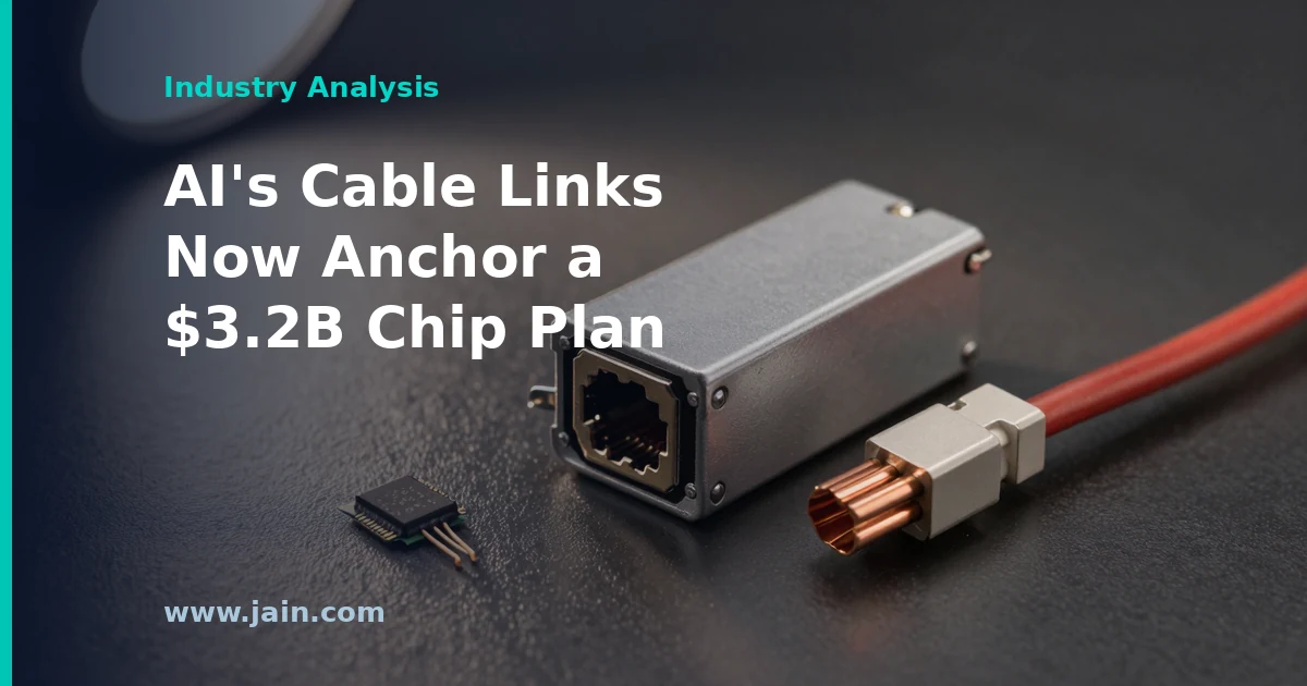 Optical transceivers and copper cables linking AI server racks, illustrating Semtech's $3.2B FY2030 data center interconnect plan