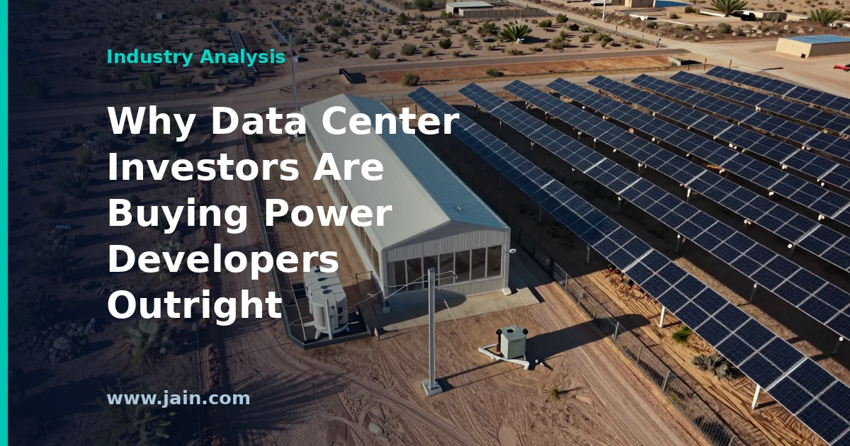 Data center investors buying power developers: transmission lines converging on a data center campus at dusk