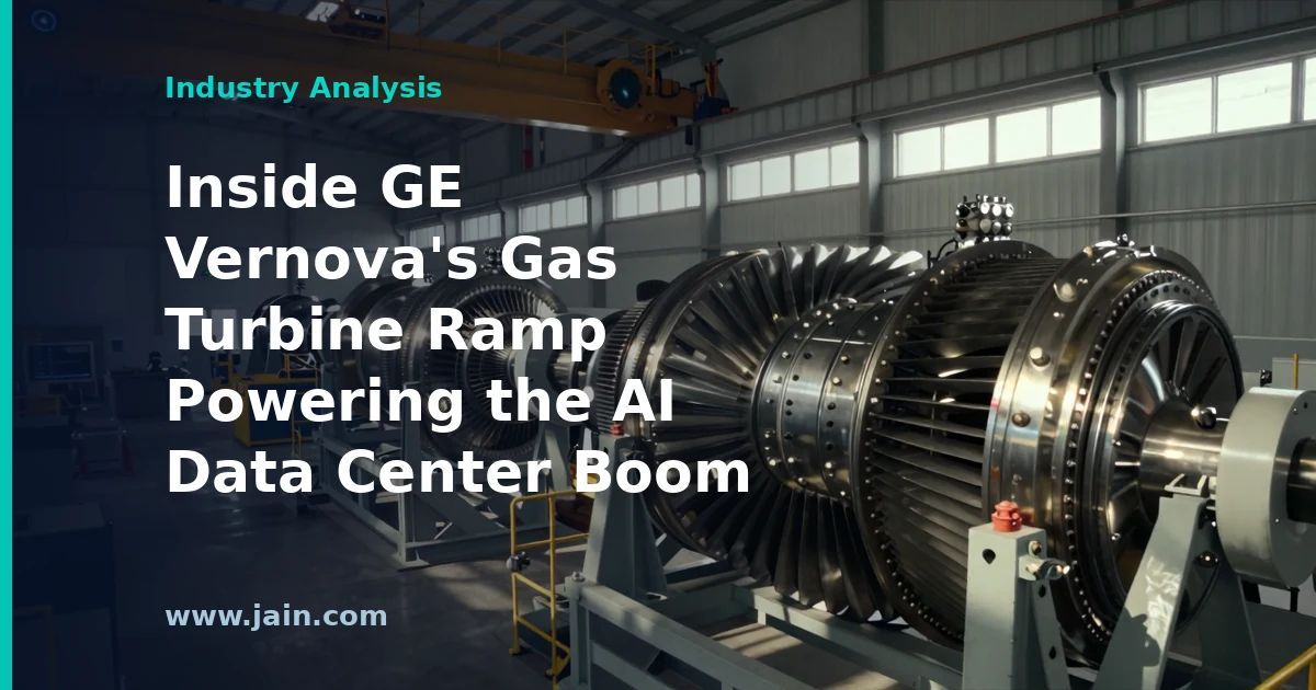 Massive GE Vernova gas turbine on a factory floor, power hardware for AI data centers