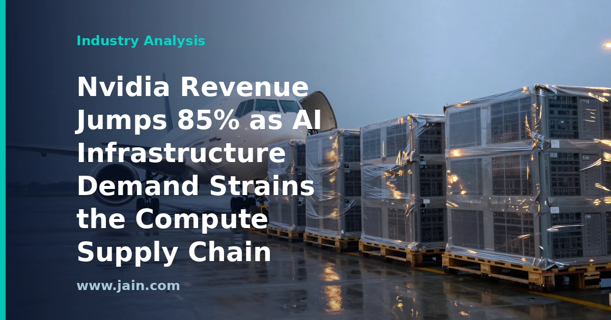 Rows of GPU servers in a data center, representing Nvidia's 85% revenue jump on AI infrastructure demand