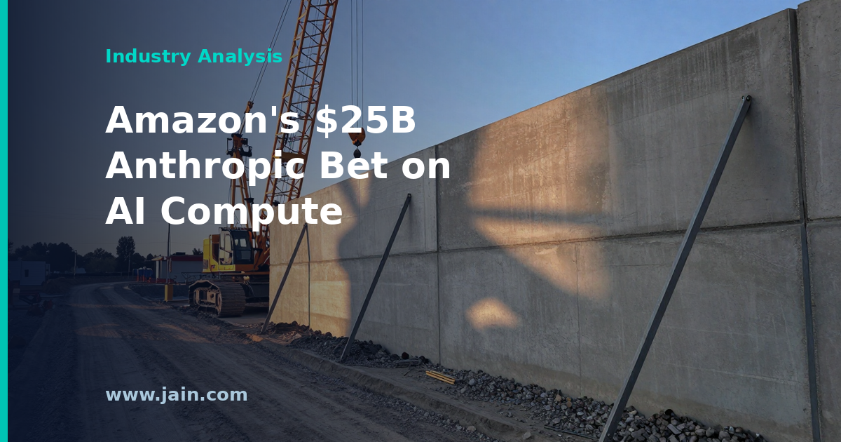 AI infrastructure data center hall with dense accelerator racks, illustrating Amazon's $25 billion Anthropic investment