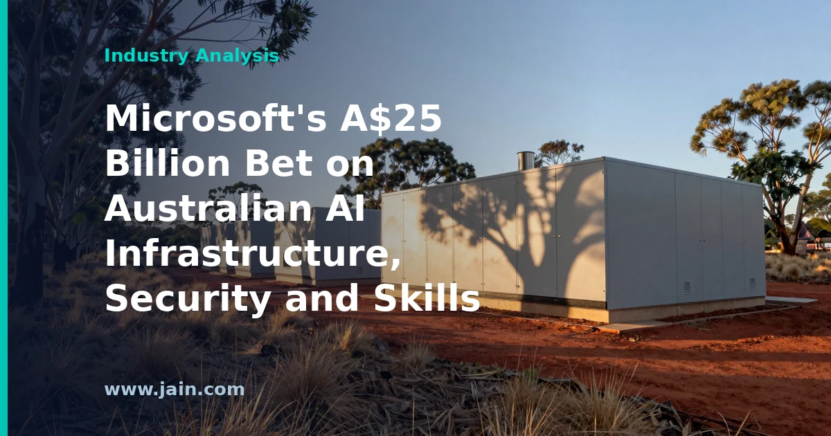 Data center racks beside an outline of Australia symbolizing Microsoft's A$25 billion Australian AI infrastructure investment