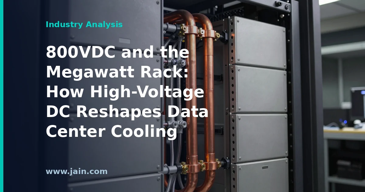 800VDC power busbars and liquid cooling loops converging in a megawatt data center rack