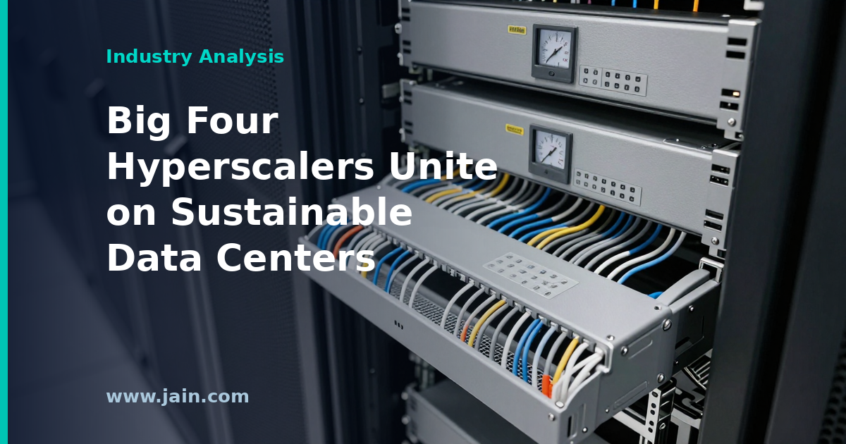 Amazon, Google, Meta and Microsoft logos converge on a sustainable data center with green energy systems
