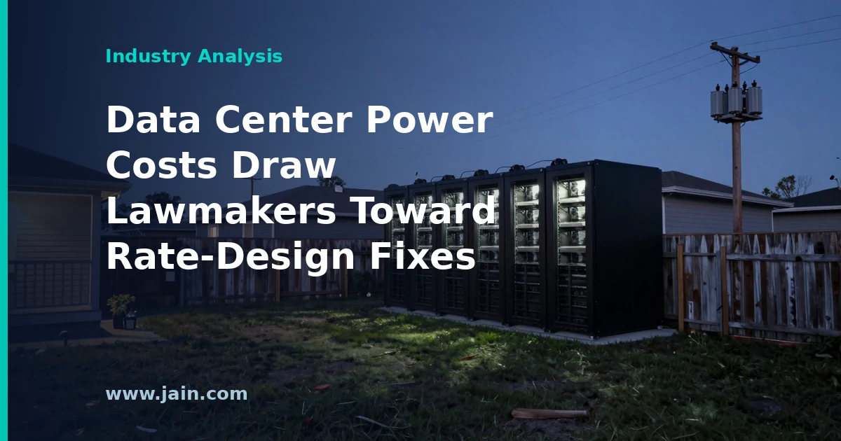 High-voltage transmission lines feeding a data center campus as data center power costs drive lawmaker action