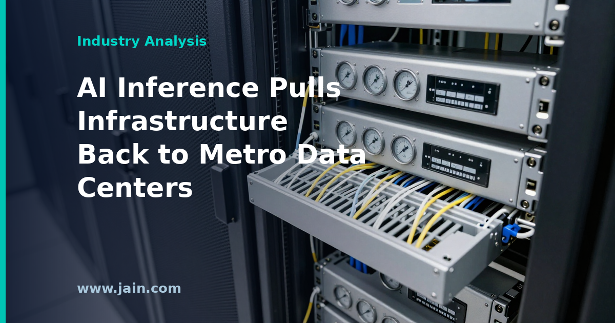 Metro skyline data center with network links, illustrating AI inference moving to city facilities