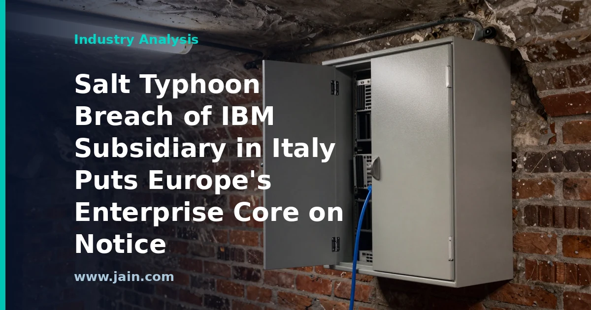 Salt Typhoon cyberattack reaching an IBM subsidiary in Italy, symbolizing Chinese state hacking expanding into Europe