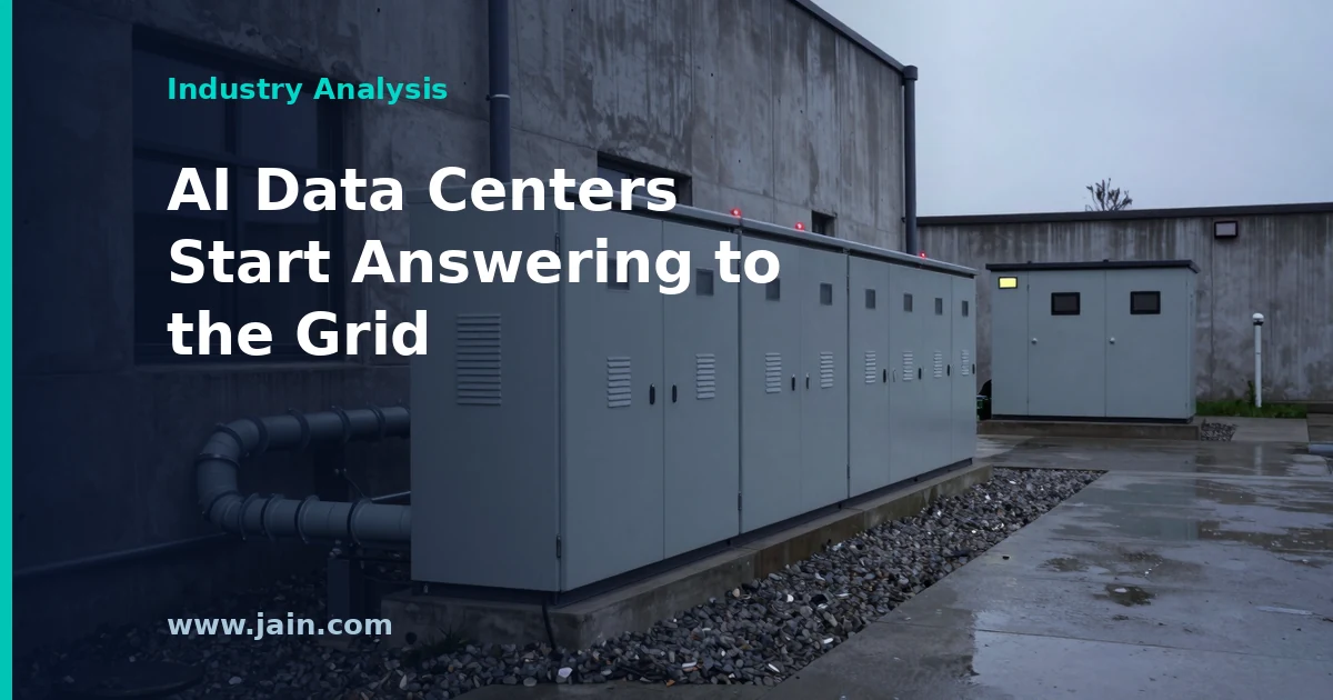 Grid-interactive AI data center concept: battery storage and liquid-cooled racks linked to power grid lines