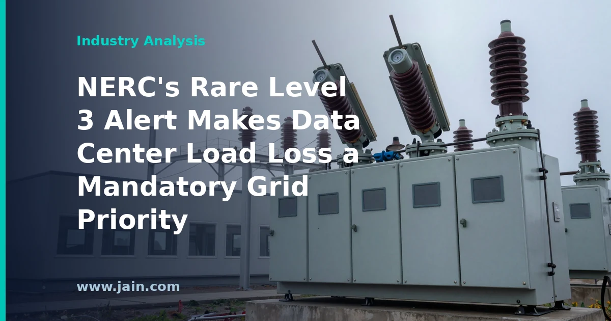 High-voltage transmission lines beside a data center campus, illustrating NERC's data center load-loss alert