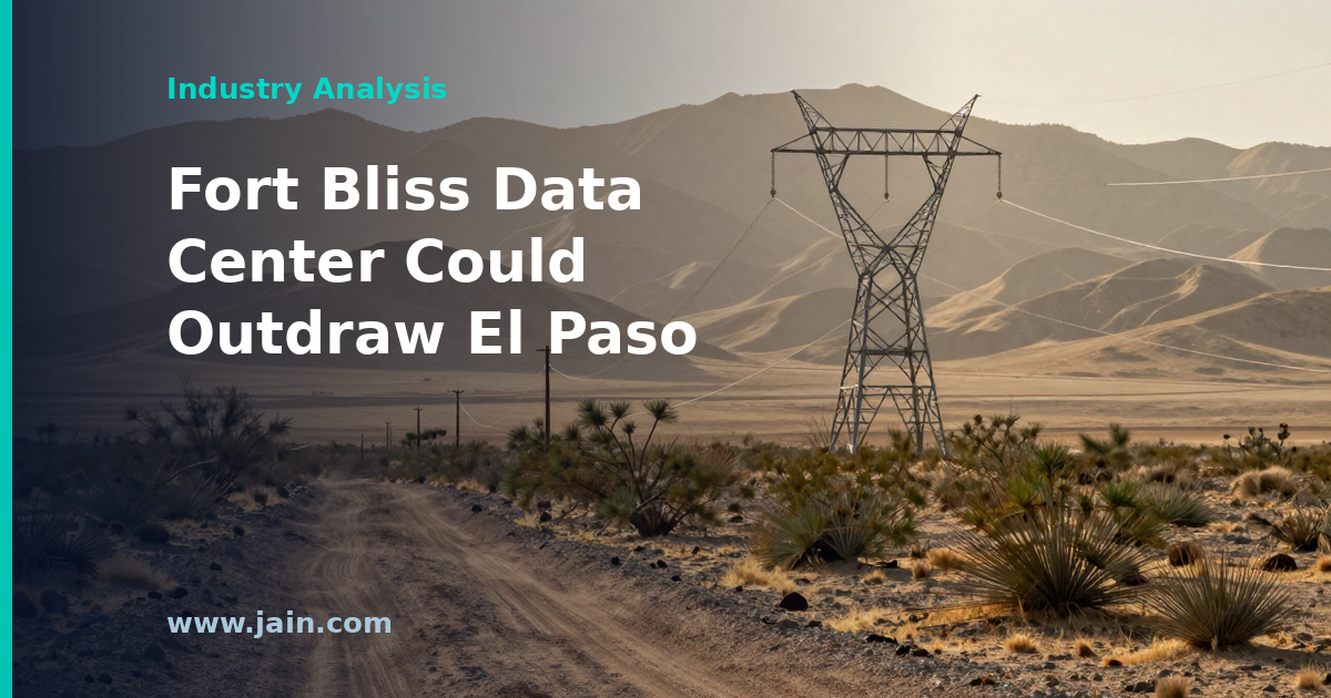Fort Bliss data center concept drawing city-scale power beside El Paso's desert grid infrastructure