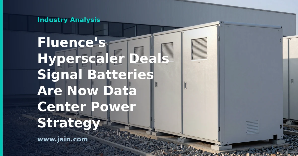 Battery energy storage containers beside a hyperscale data center campus at dusk