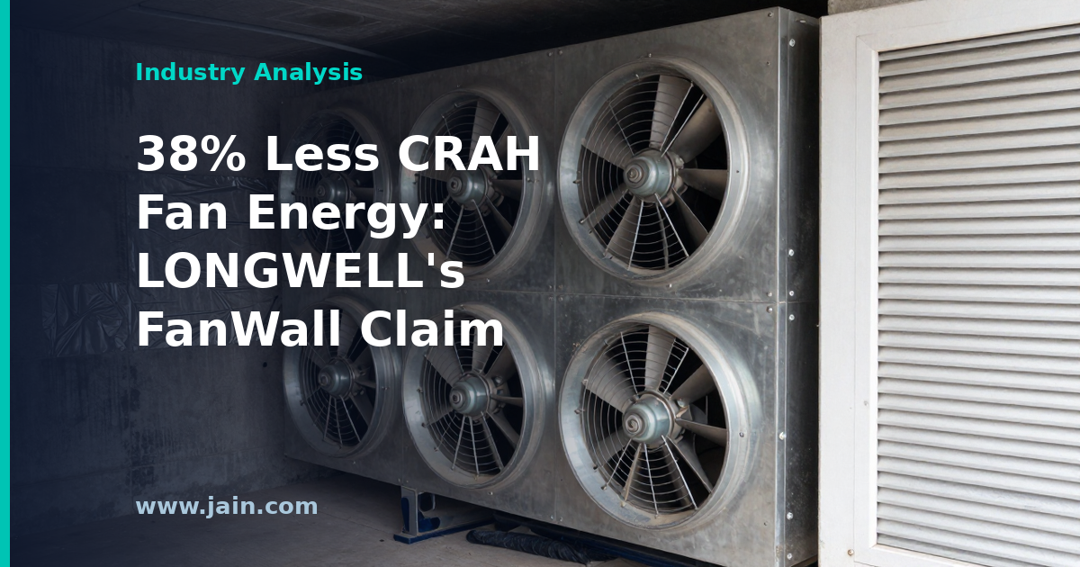 FanWall array of EC plug fans in a CRAH unit cooling an AI data center hall, illustrating 38% CRAH fan energy savings