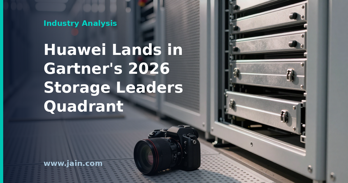 Enterprise storage arrays in a data center aisle, illustrating Huawei's Gartner Magic Quadrant Leader placement