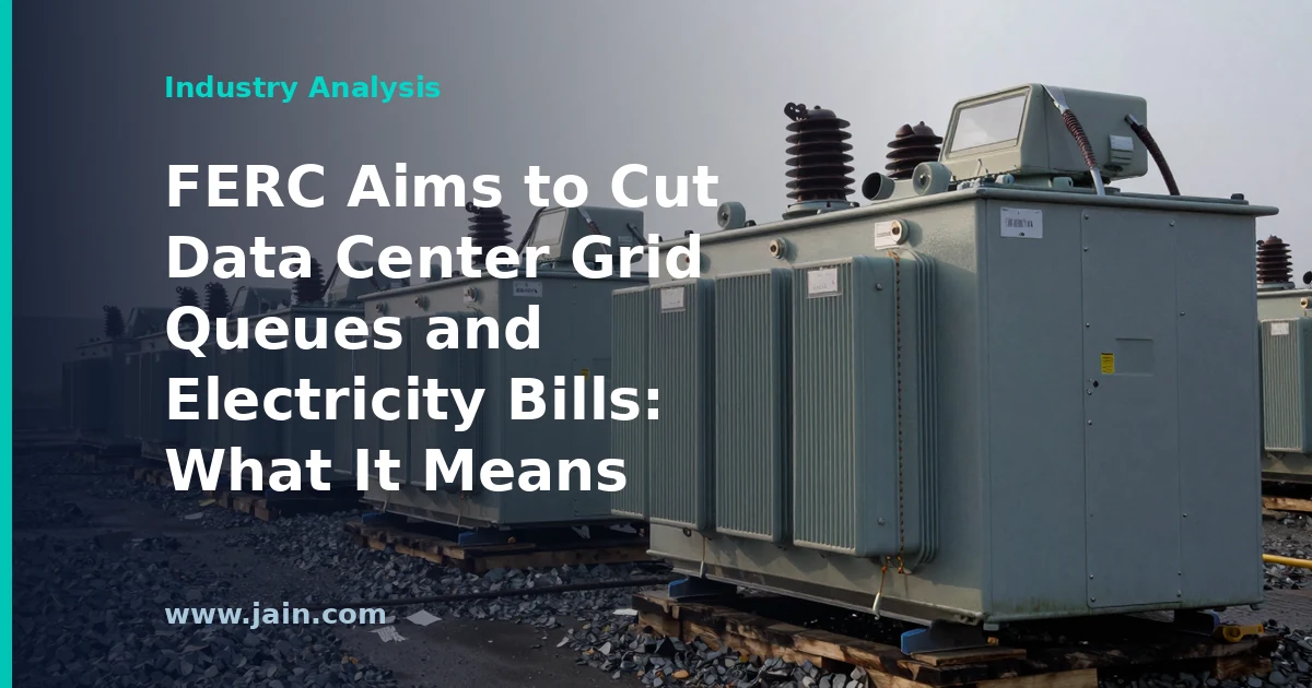 High-voltage transmission lines feeding a data center campus, illustrating FERC interconnection queue reform