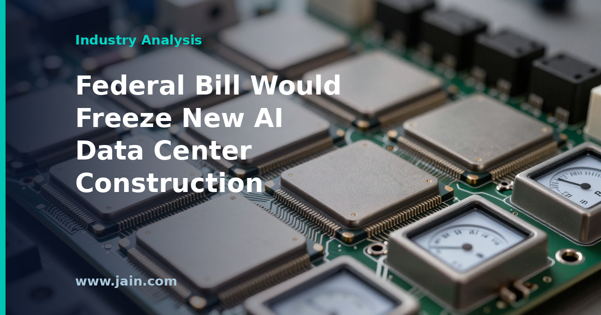 U.S. Capitol dome in front of a large AI data center campus, symbolizing the AI Data Center Moratorium Act