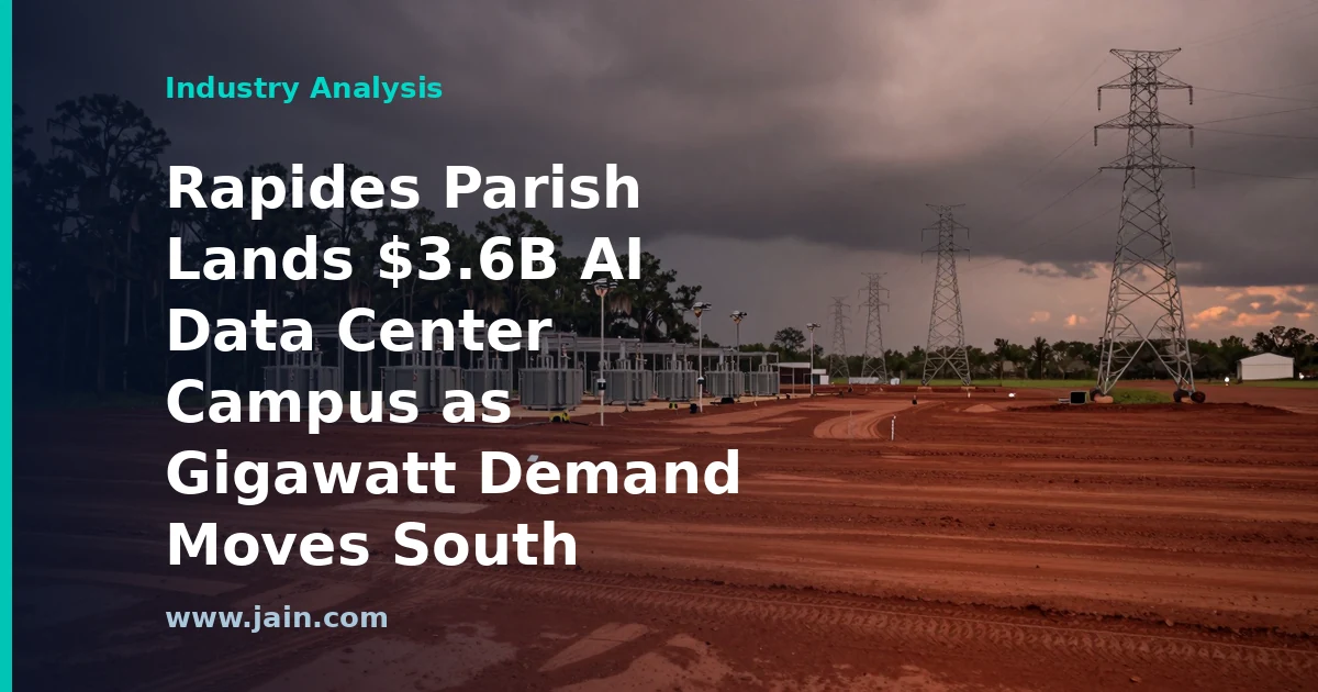 AI data center campus rendering with power lines in Rapides Parish, Louisiana