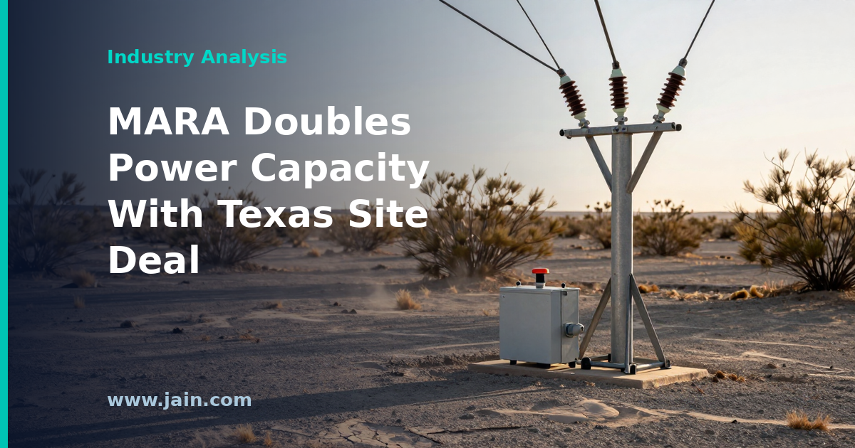 Transmission lines and a substation beside a Texas data center campus, illustrating MARA power capacity