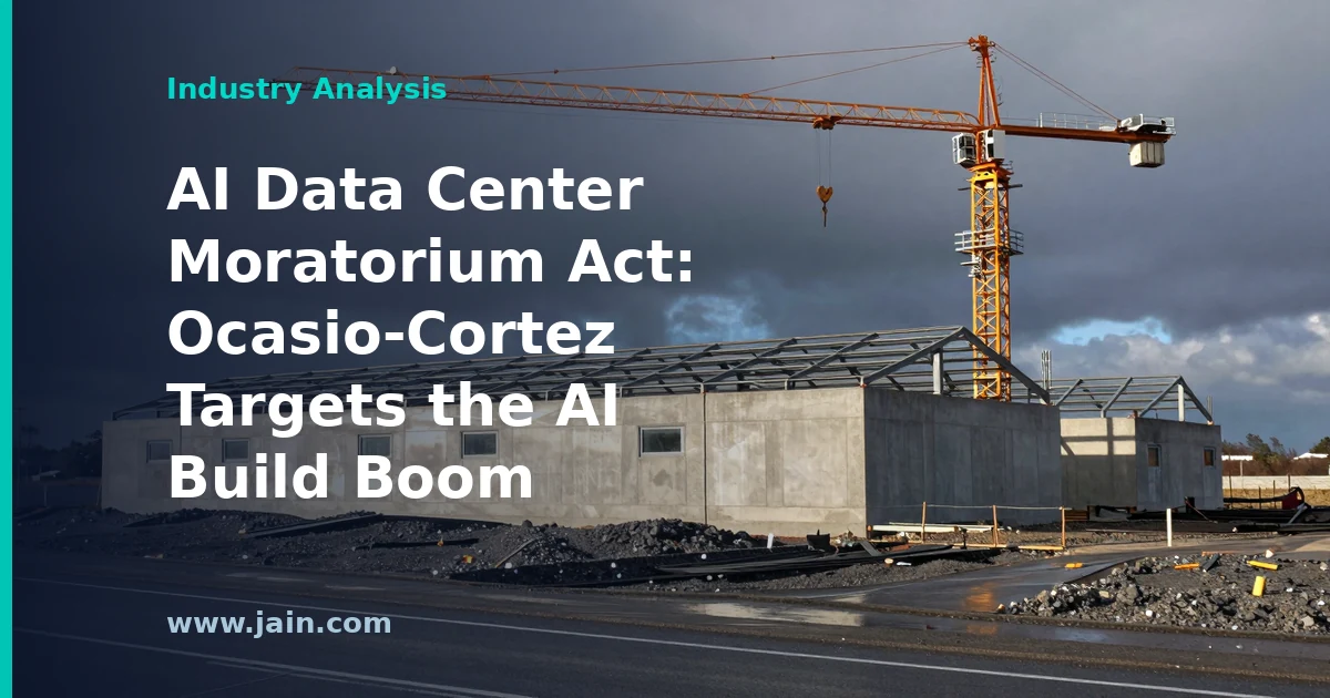 U.S. Capitol dome in front of a large AI data center campus, symbolizing the AI Data Center Moratorium Act