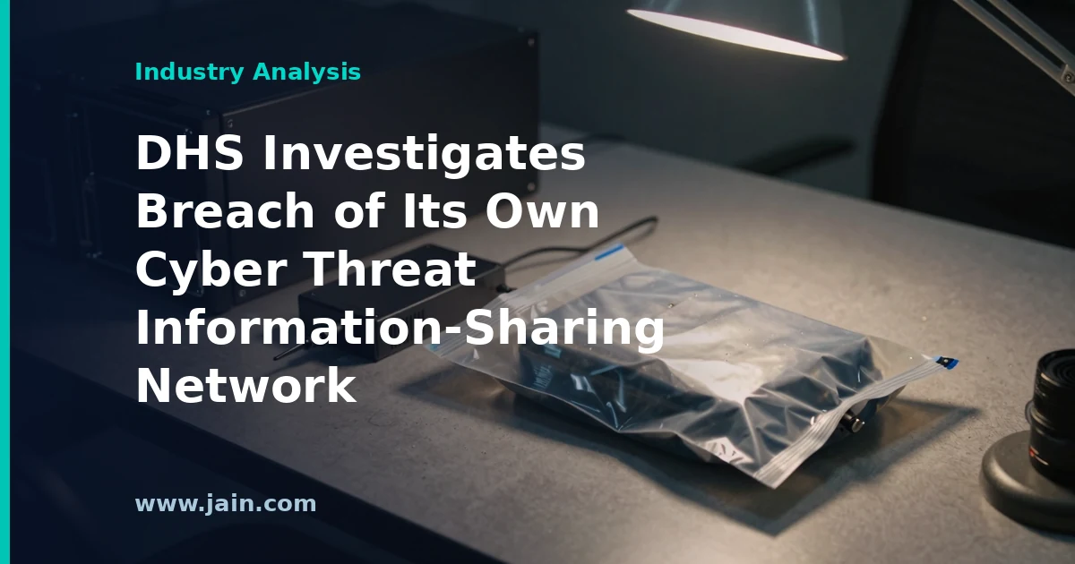 Shielded network diagram with a breach point, representing the DHS cyber threat information-sharing network intrusion