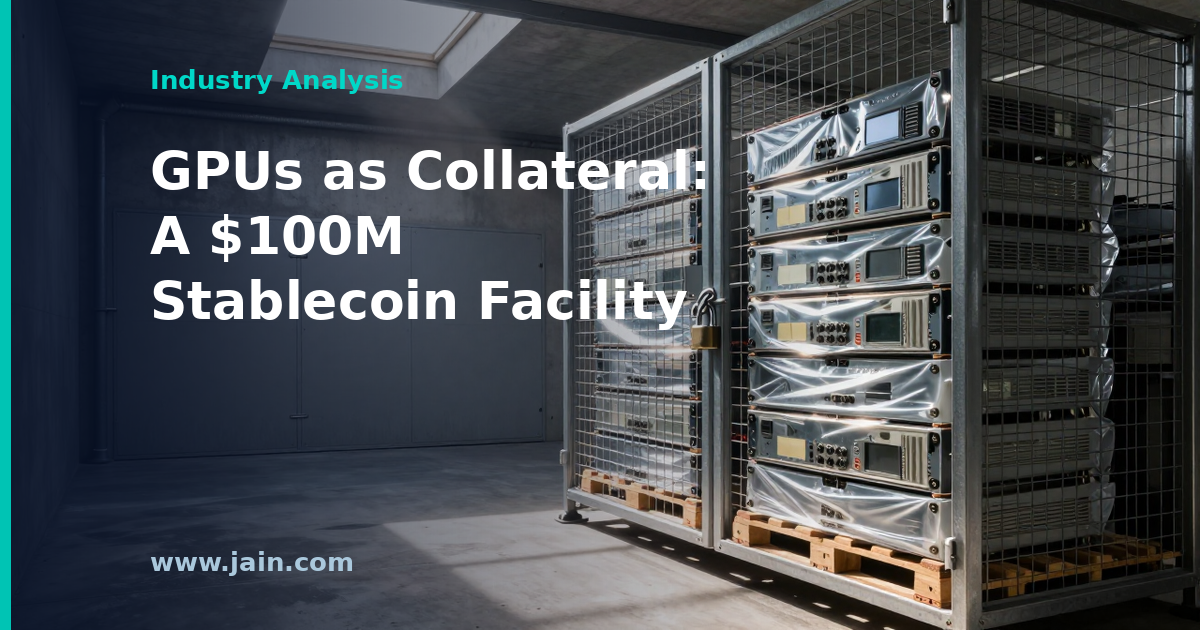 GPU server racks in a data center, collateral for a $100M stablecoin debt facility for AI compute financing